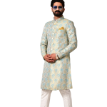 Handmade Sky Blue Gold Maharaja Style Brocade Silk Sherwani | Jaipurio
